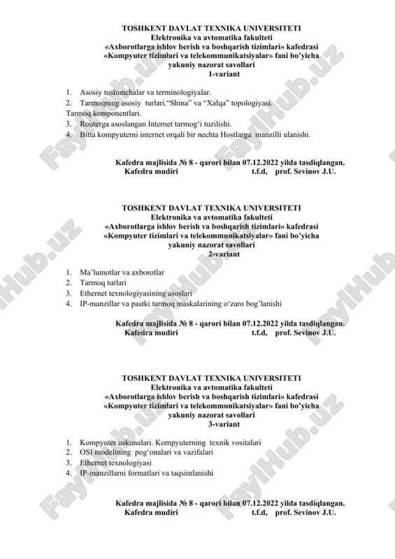 kompyuter tizimlari va telekommunikatsiyalar nazorat savollari — DOC