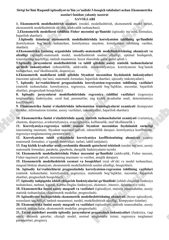 ekonometrika asoslari fanidan yakuniy nazorat — DOC