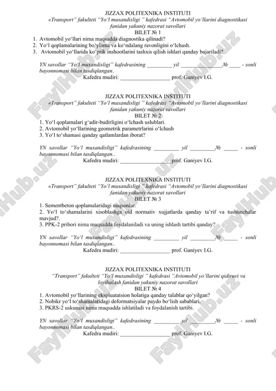 avtomobil yo‘llarini diagnostikasi nazorat savollari — DOC