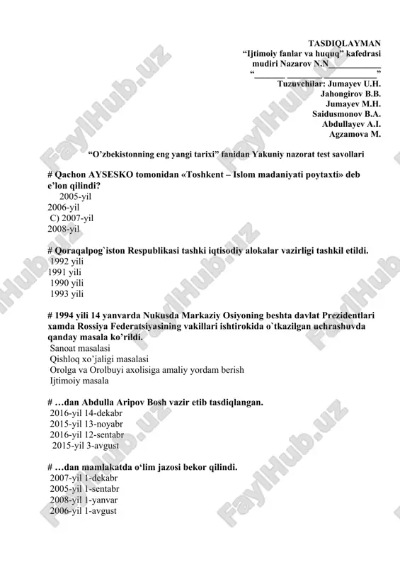 yakuniy nazorat test savollari "o'zbekistonning eng yangi tarixi" fanidan — DOC
