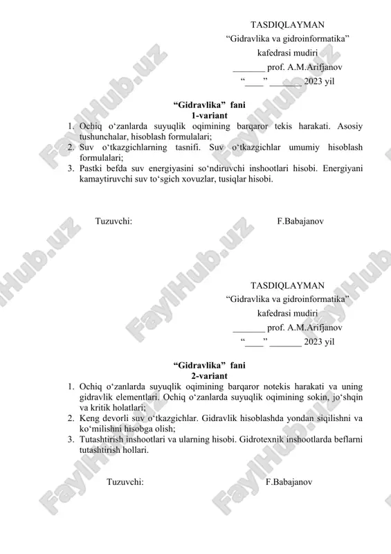 gidravlika va gidroinformatika — DOC