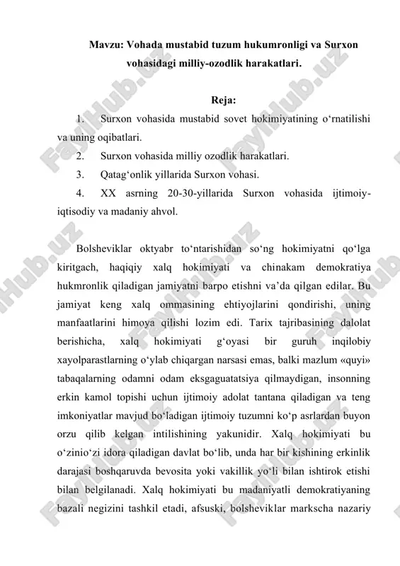 vohada mustabid tuzum hukumronligi va surxon vohasidagi milliy-ozodlik harakatlari. — DOCX
