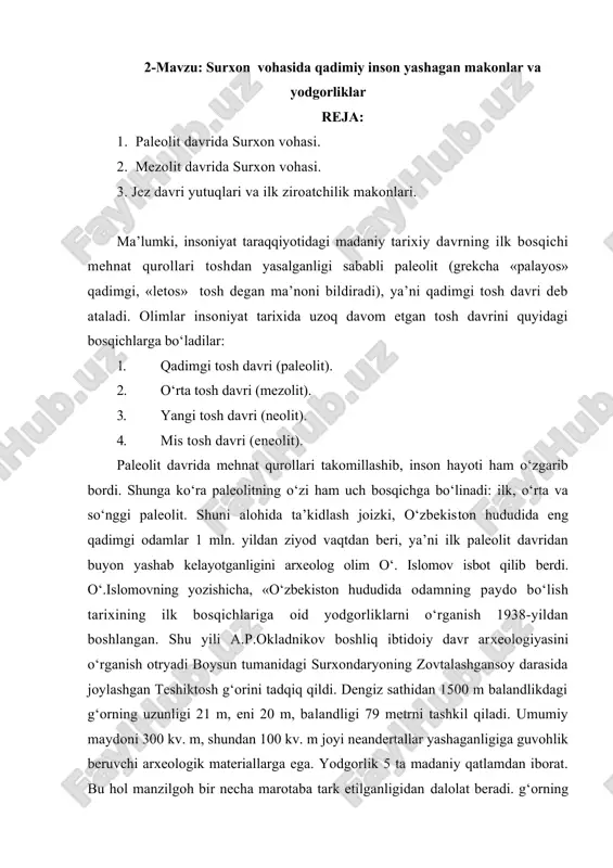 surxon vohasida qadimiy inson yashagan makonlar va yodgorliklar — DOCX
