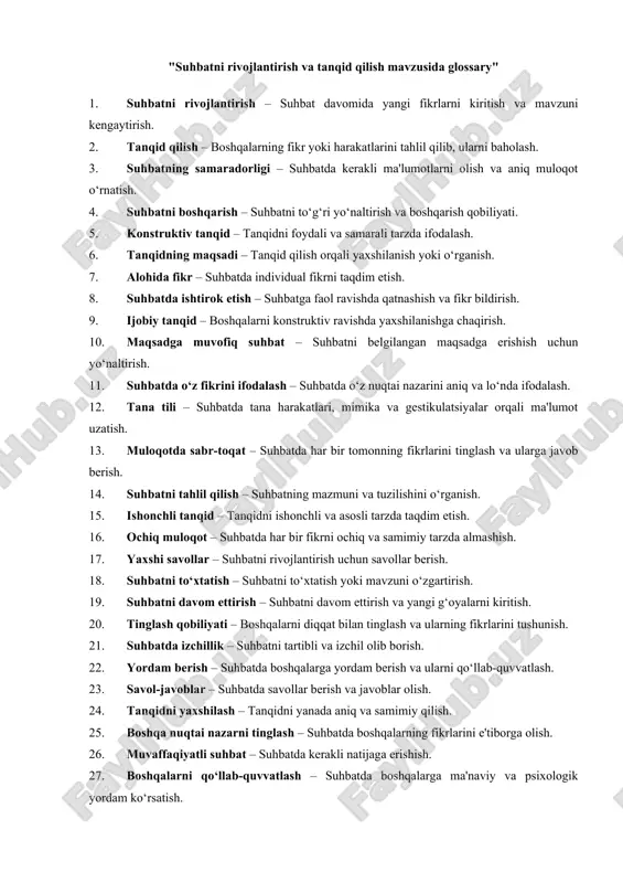 suhbatni rivojlantirish va tanqid qilish mavzusida glossary — DOCX