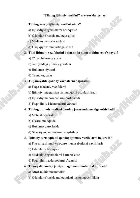 tilning ijtimoiy vazifasi mavzusida testlar — DOCX