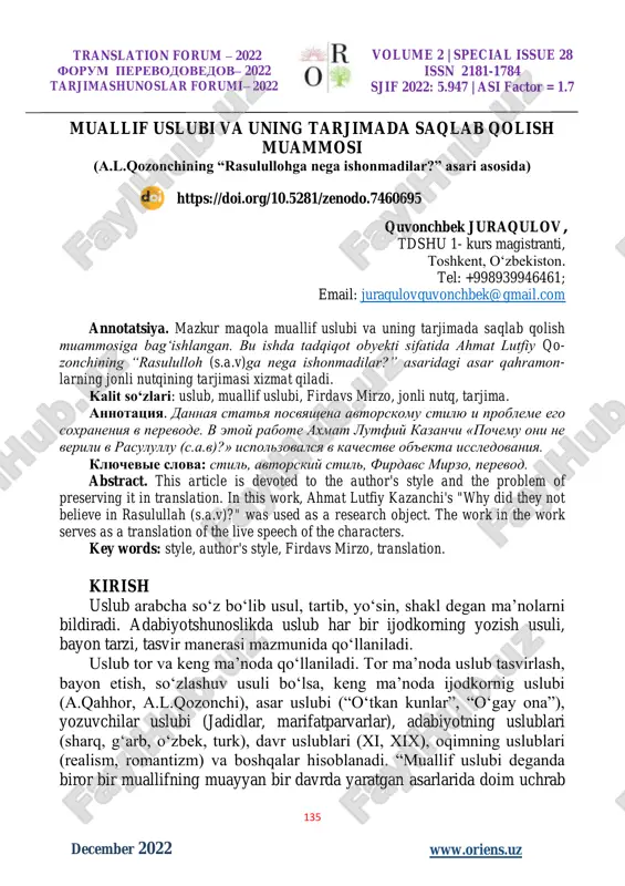 muallif uslubi va uning tarjimada saqlab qolish muammosi — PDF