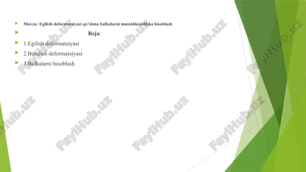 egilish deformatsiyasi qo’shma balkalarni mustahkamlikka hisoblash — PPTX