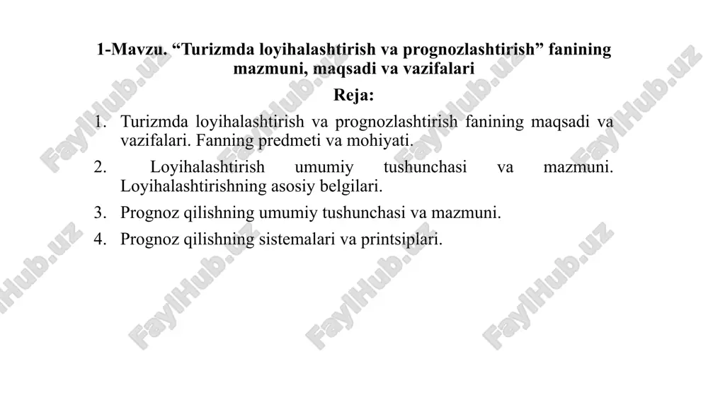turizmda loyihalashtirish va prognozlashtirish — PPTX