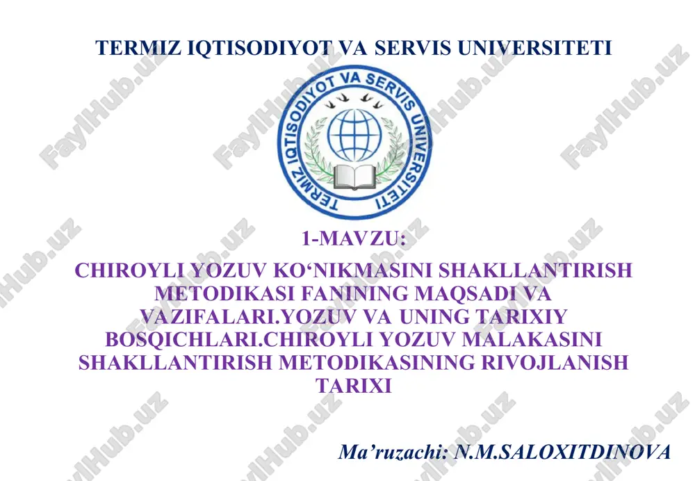 chiroyli yozuv ko‘nikmasini shakllantirish metodikasi — PPT