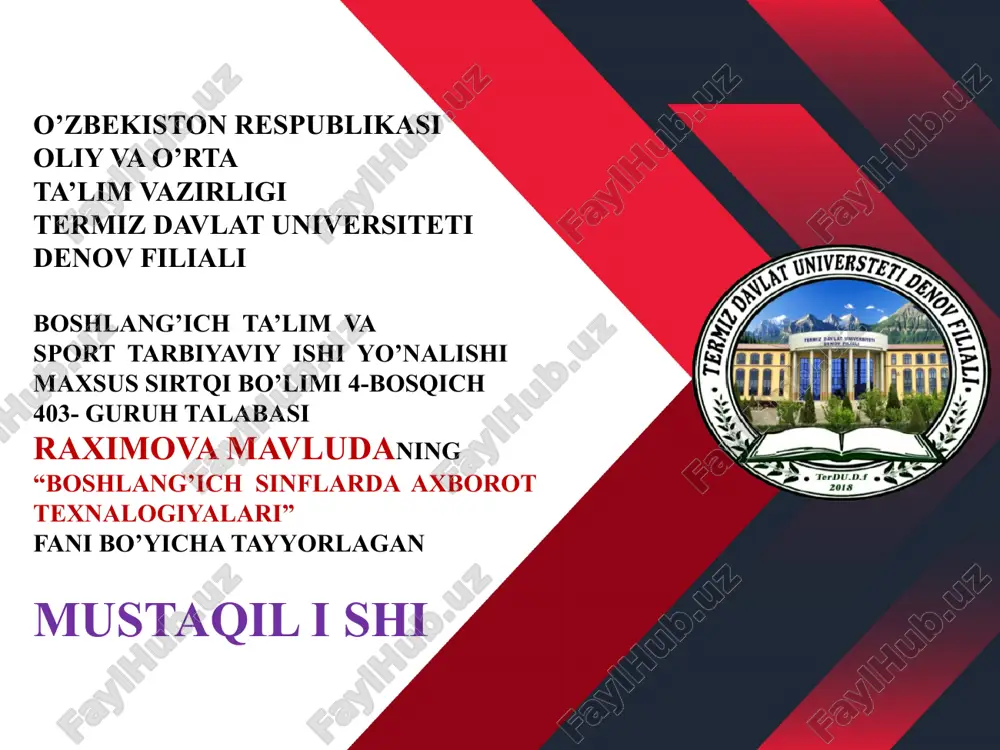 "boshlang'ich sinflarda axborot texnologiyalari" — PPTX