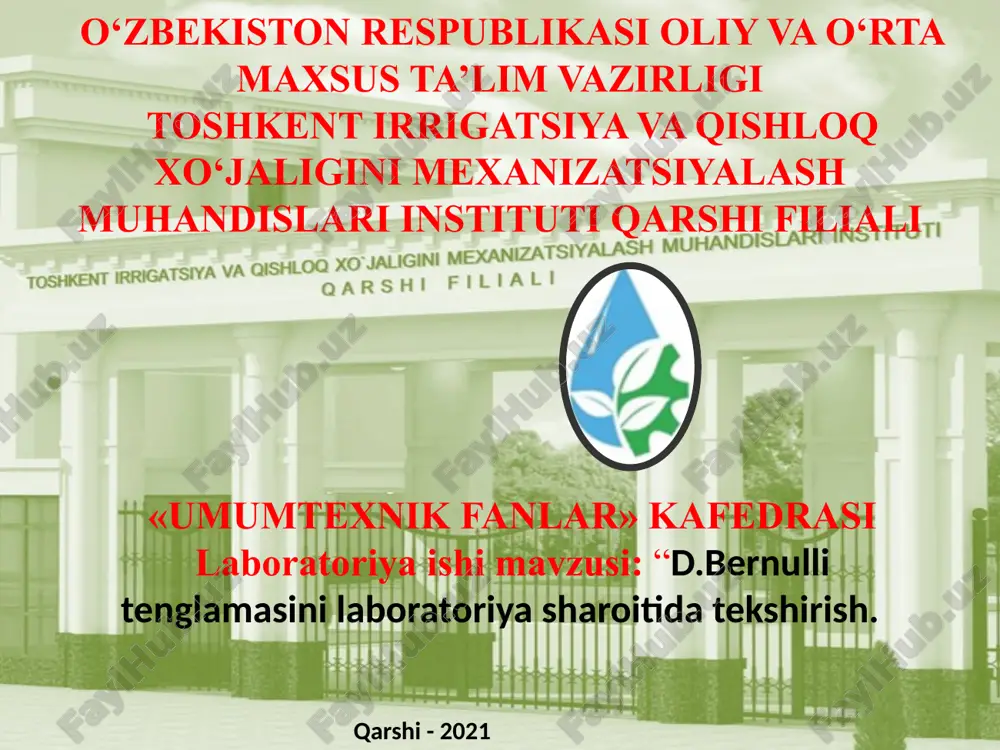 d.bernulli tenglamasini laboratoriya sharoitida tekshirish — PPTX