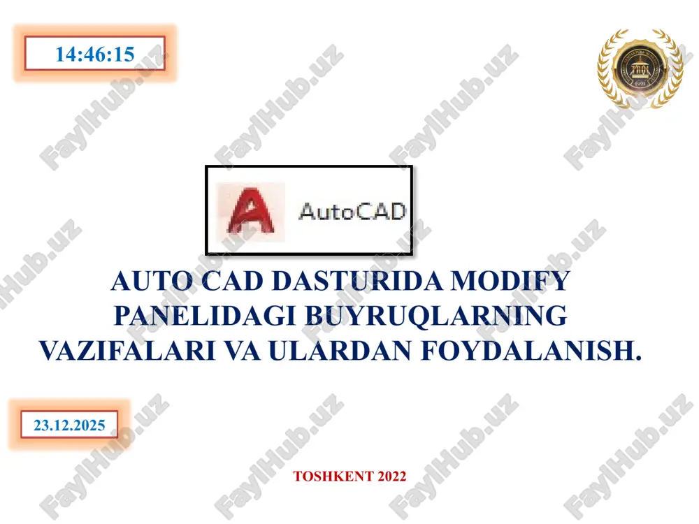 auto cad dasturida modify panelidagi buyruqlarning vazifalari va ulardan foydalanish — PPTX