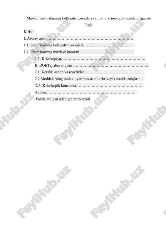 eritmalarning kolligativ xossalari va ularni krioskopik usulda o‘rganish — DOCX