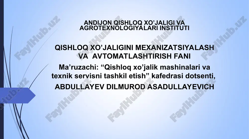 qishloq xo'jalik mashinalari va texnik servisni tashkil etish — PPT