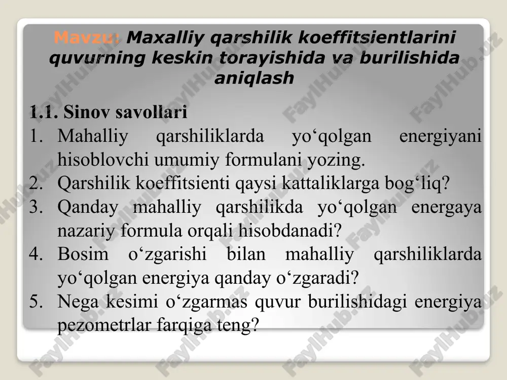 mahalliy qarshilik koeffitsientlarini hisoblovchi formula — PPTX