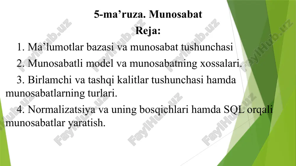 ma'lumotlar bazasi va munosabat — PPTX