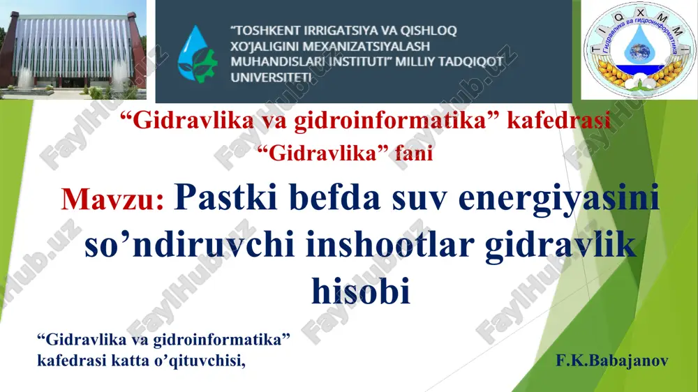 pastki befda suv energiyasini so’ndiruvchi inshootlar gidravlikhisobi — PPTX