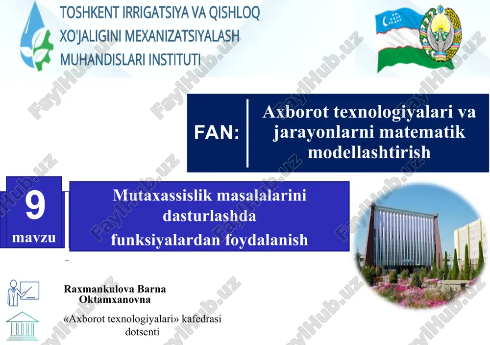 mutaxassislik masalalarini dasturlashda funksiyalardan foydalanish — PPT