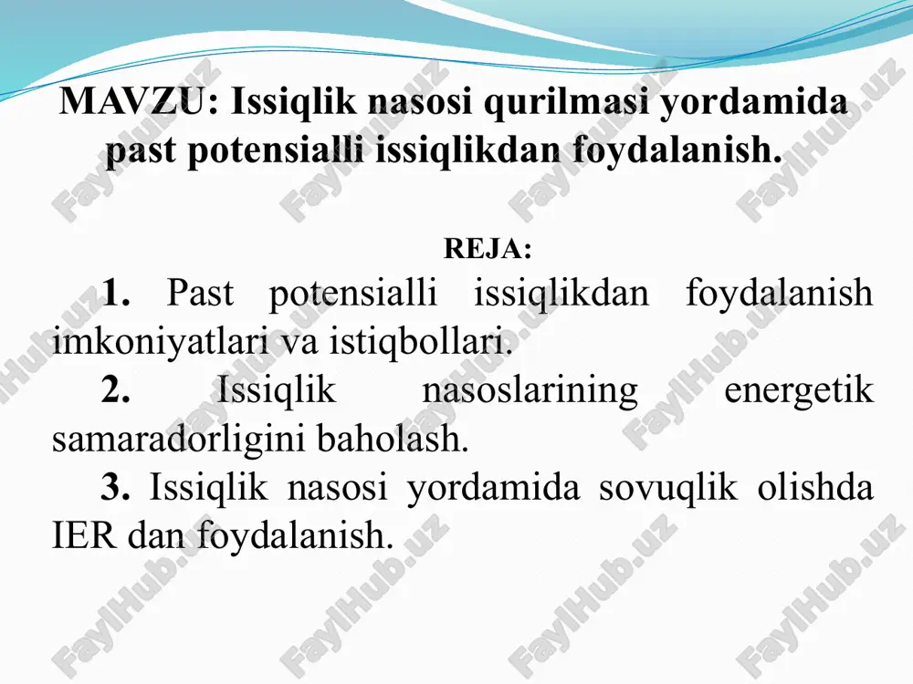 issiqlik nasoslarining energiya samaradorligini baholash — PPTX