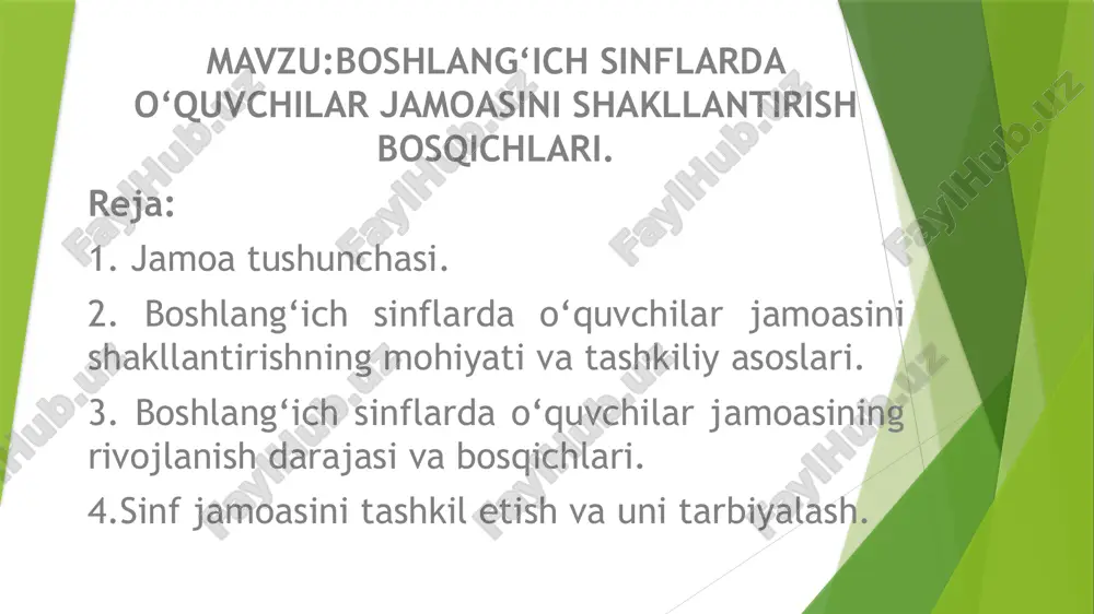 boshlang'ich sinflarda o‘quvchilar jamoasini shakllantirish bosqichlari — PPTX