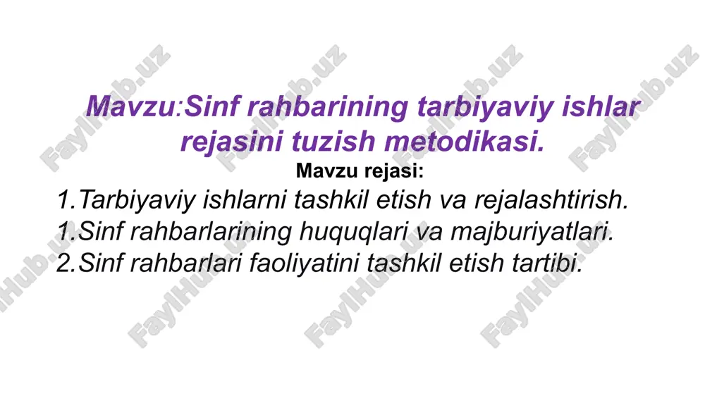 sinf rahbarining tarbiyaviy ishlar rejasi — PPTX