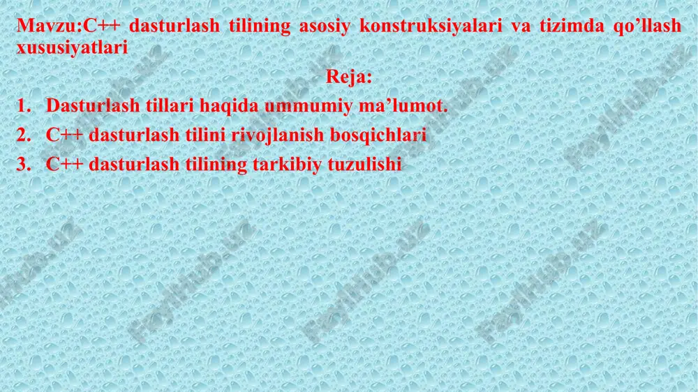 c++ dasturlashtilining asosiy konstruksiyalari va tizimdaqo’llash xususiyatlari — PPTX