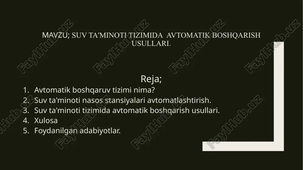 suv ta'minoti tizimida avtomatik boshqarish usullari — PPTX