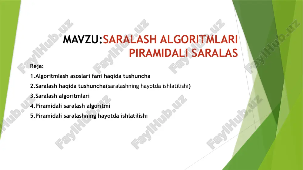 saralash algoritmlari piramidali saralas — PPTX