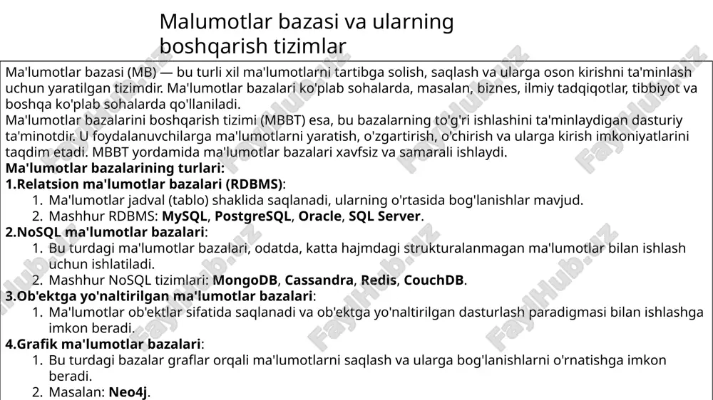 ma'lumotlar bazasi vaularning boshqarish tizimlari — PPTX