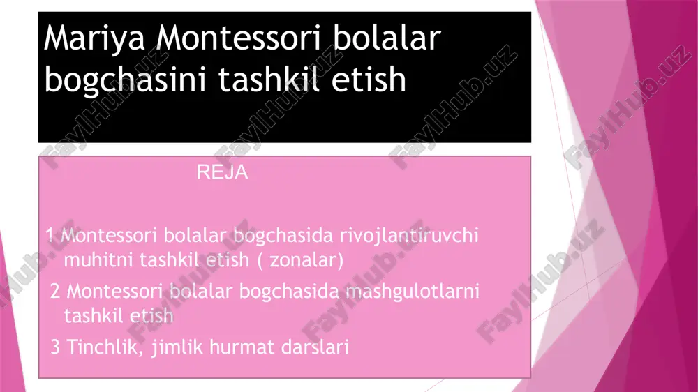 montessori bolalar bogchasini tashkil etish — PPTX