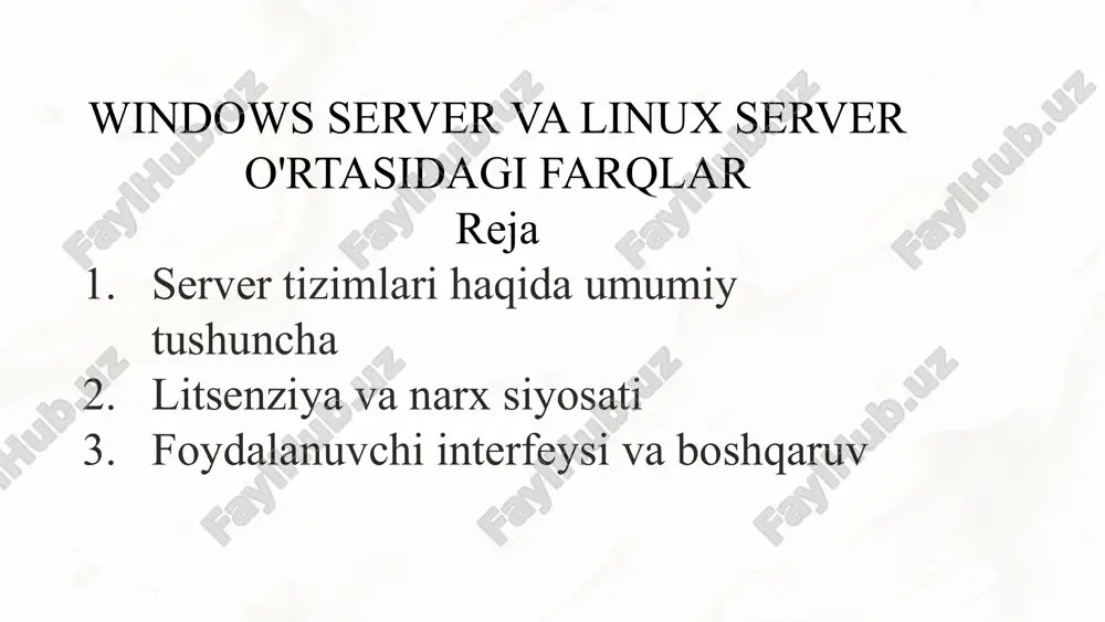 windows server va linux server o'rtasidagi farqlar — PPTX