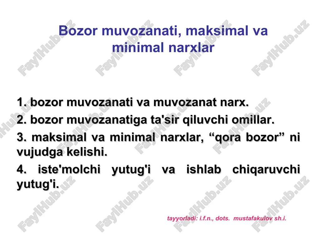bozor muvozanati, maksimal va minimal narxlarning — PPT