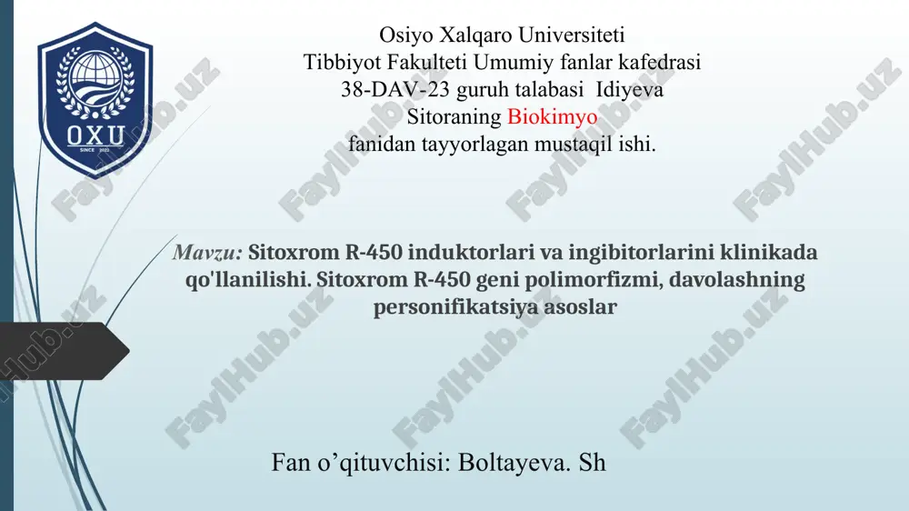sitoxrom r-450 induktorlari va ingibitorlarini klinikada qo'llanilishi — PPT