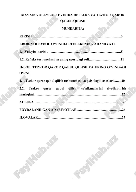 voleybol o’yinida refleks va tezkor qaror qabul qilish — DOCX