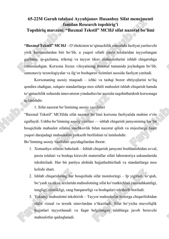"baxmal tekstil" mchj sifat nazorat bo'limi — DOCX