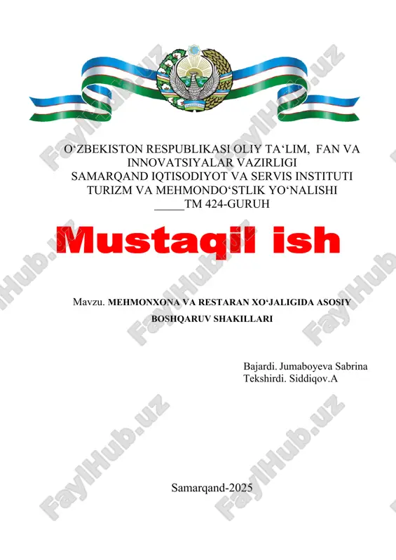 mehmonxona va restoran xôjaligida asosiy boshqaruv shakillari — DOCX