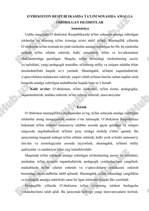 o'zbekiston respublikasida ta'lim soxasida amalga oshirilgan islohotlar — DOCX
