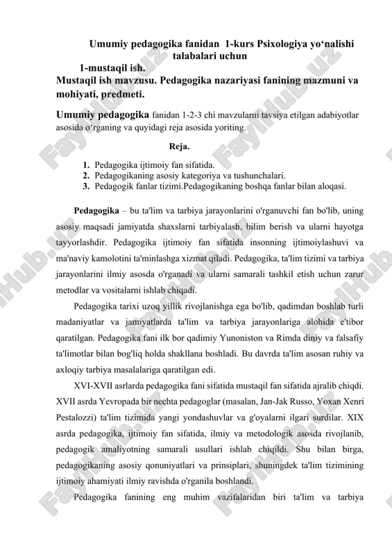 pedagogika mavzusidagi mustaqil ish — DOCX