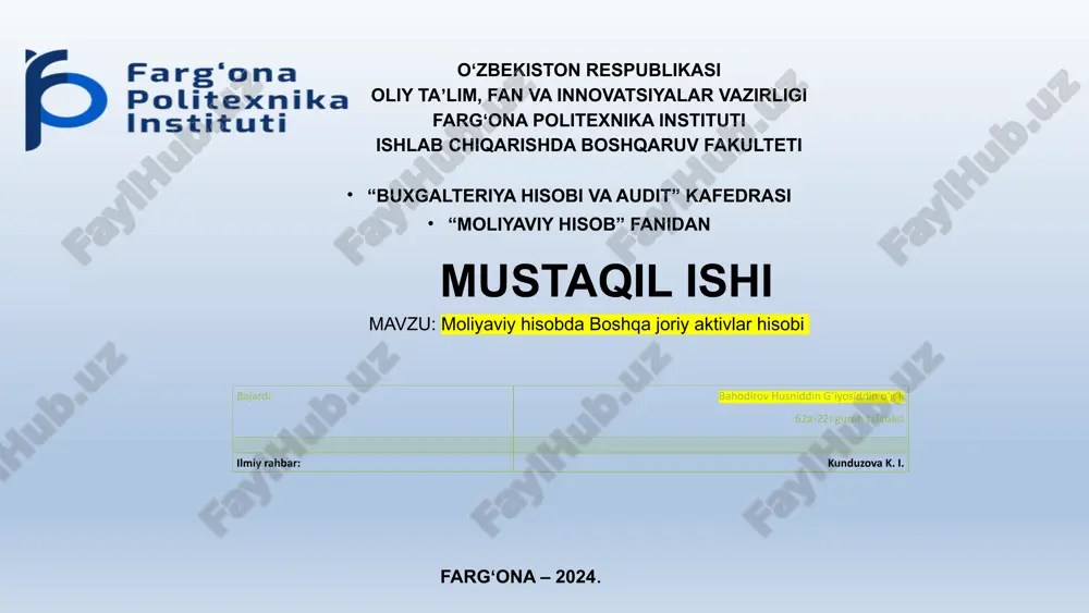 moliyaviy hisobda boshqa joriy aktivlar hisobi — PPTX