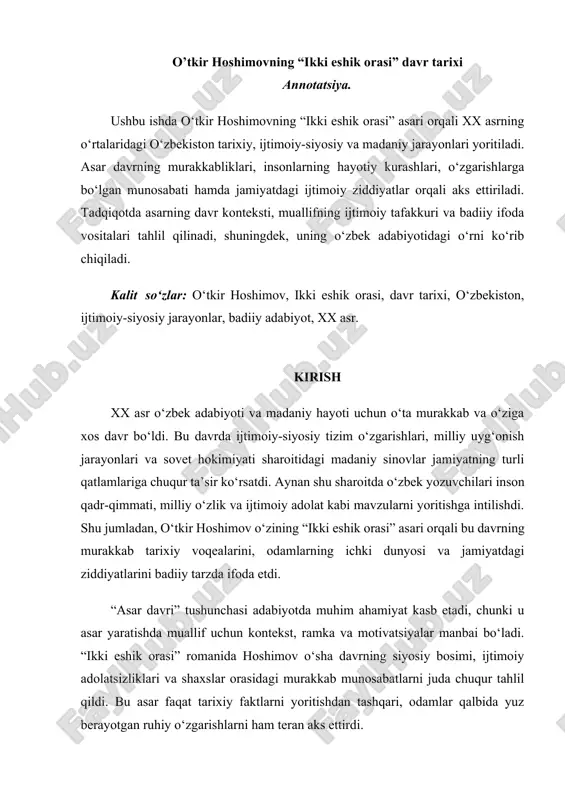 o‘tkir hoshimovning “ikki eshik orasi” davr tarixi — DOCX