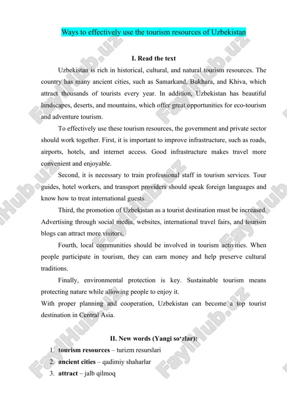 ways to effectively use the tourism resources of uzbekistan — DOCX
