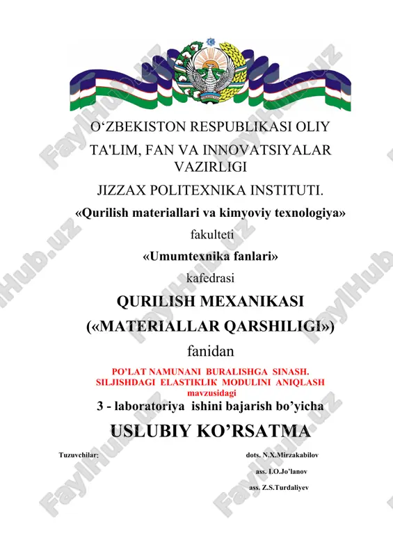 po’lat namunani buralishga sinash. siljishdagi elastiklik modulini aniqlash — DOCX