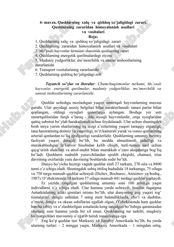qushlarning xalq va qishloq xo’jaligidagi zarari — DOCX