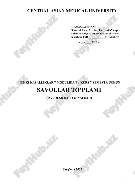 ichki kasalliklar modulidan savollar to'plami — DOCX