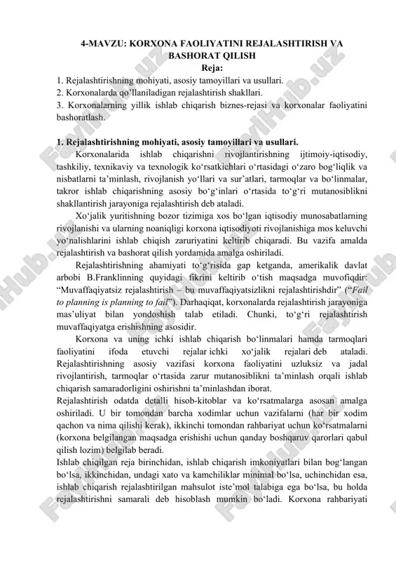 korxona faoliyatini rejalashtirish va bashorat qilish — DOCX