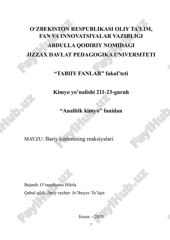 bariy kationining reaksiyalari — DOCX