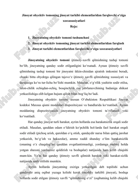jinoyat obyektiv tomoning jinoyat tarkibi elementlaridan farqlovchi oʻziga xosxususiyatlari — DOCX