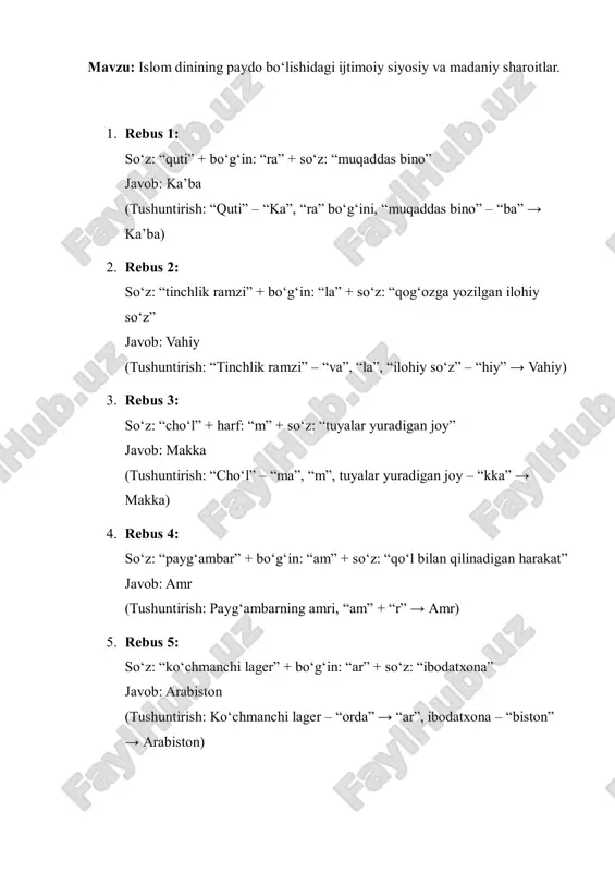 rebus misollar islom dinining tarixi va madaniyati haqida — PDF