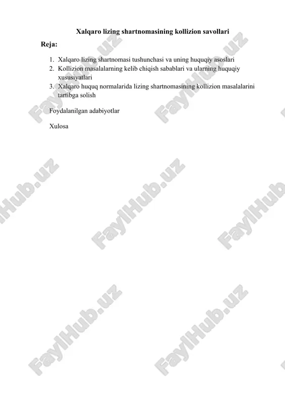 xalqaro lizing shartnomasining kollizion savollari — DOCX