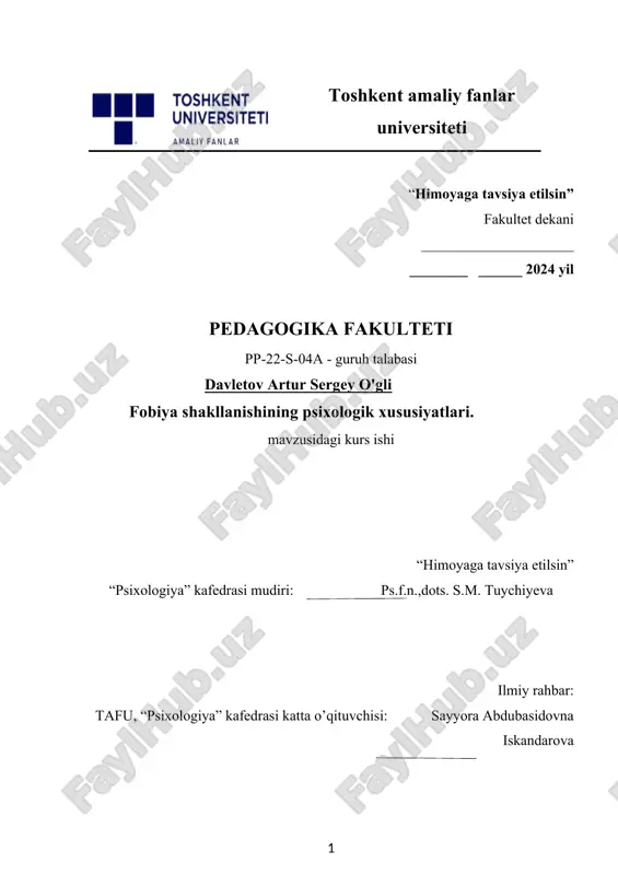 fobiya shakllanishining psixologik xususiyatlari — DOCX